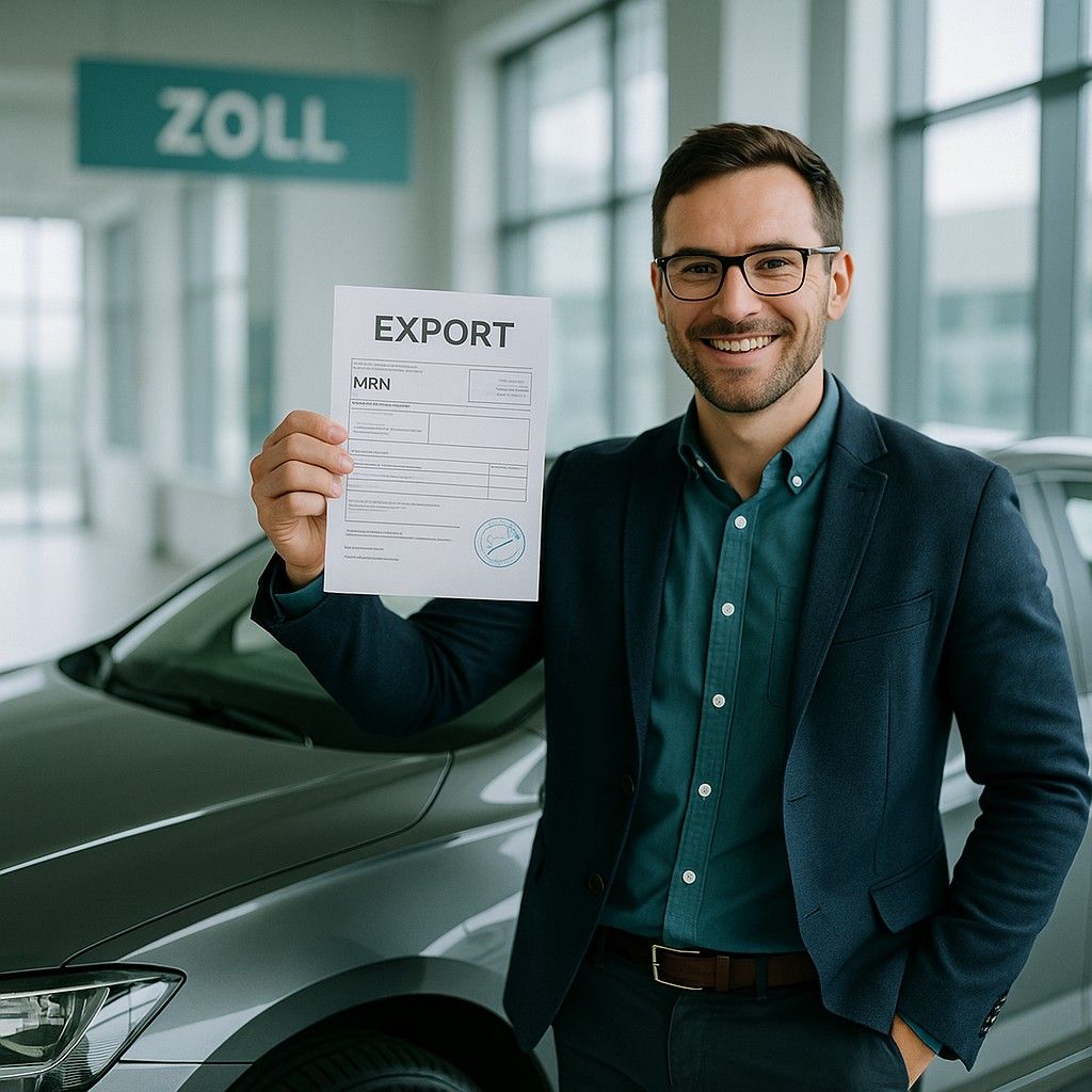 Lächelnder Mann in Businesskleidung steht vor einem Auto in einem Zollamt und hält ein Exportdokument mit MRN-Nummer in der Hand - symbolisiert die erfolgreiche Ausfuhranmeldung eines Fahrzeugs.