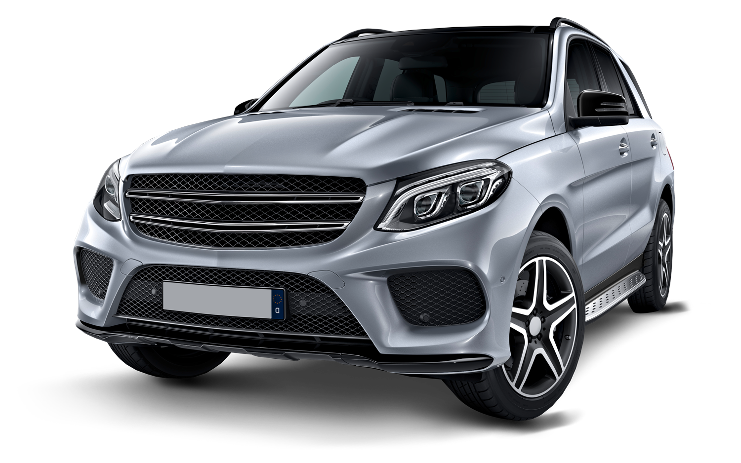 Silberner SUV mit sportlichem Design, von schräg vorne abgebildet, ausgestattet mit Ausfuhrkennzeichen - symbolisiert moderne, zuverlässige Fahrzeugexporte.